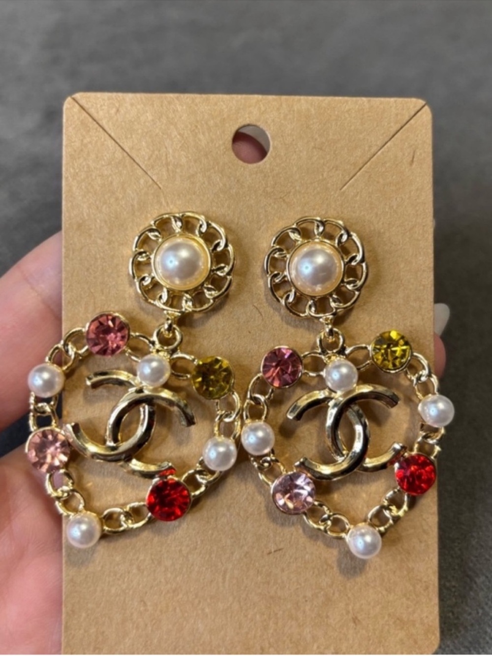 CHANEL Pearl & Multicolor Crystal Drop Earrings